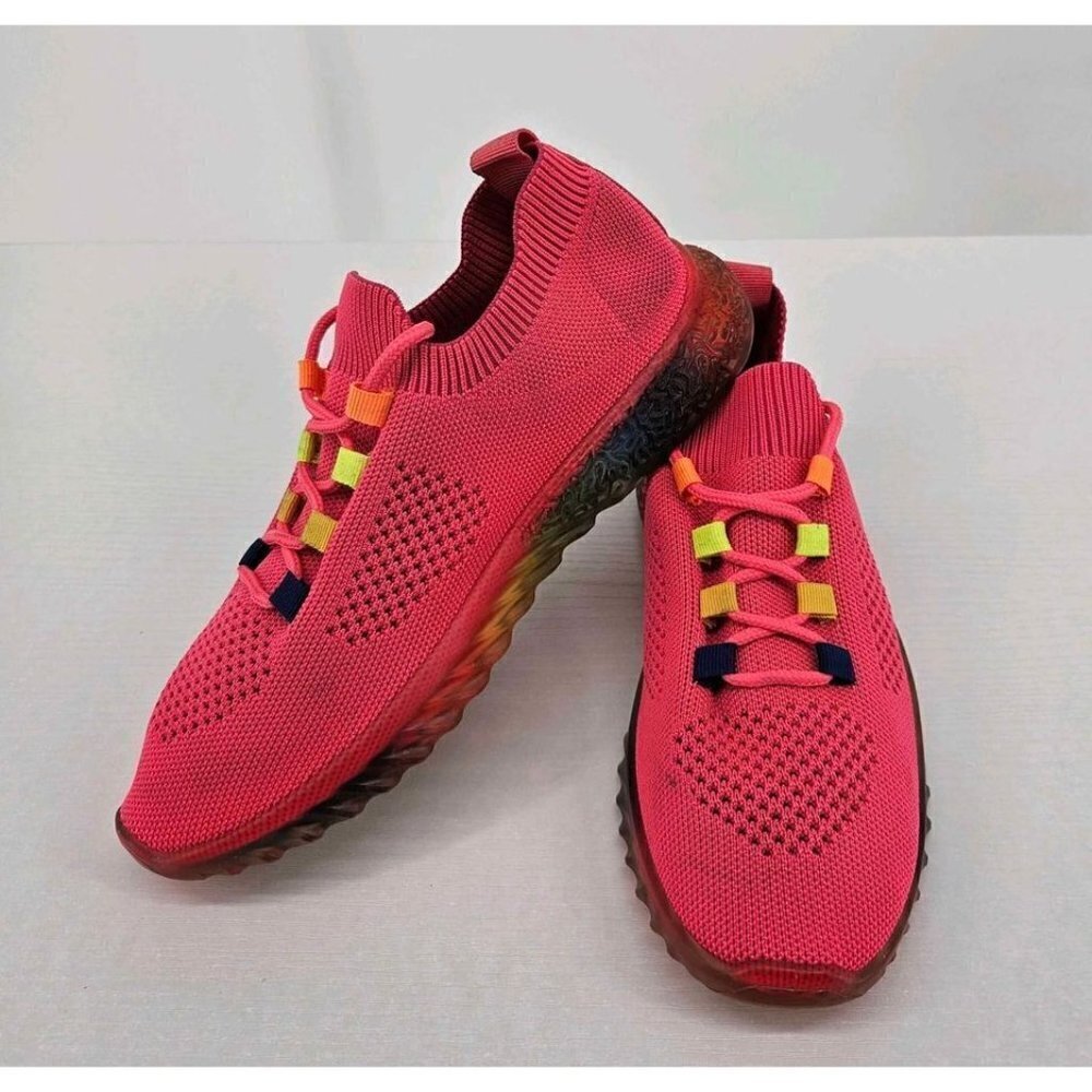 La Sheelah Gabby Neon Pink Multicolor Clear Heel Soft Sock Sneakers Size 10